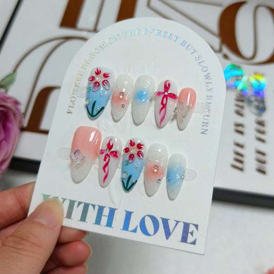 10Pcs Mid-length Almond Summer Nail Tips Removable Handmade 3D Butterfly Pearls Rhinestones Designs Shiny Full Cover Press Ons