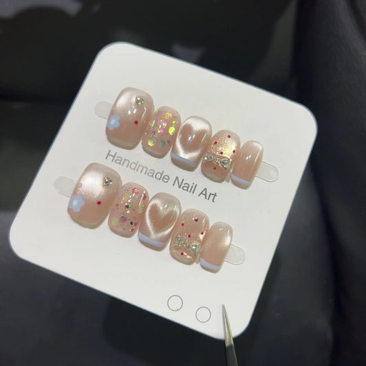 10pcs high-end Hand-painted blue small flower summer dopamine cat's eye heart-shaped bow sequins handmade fake nails, A light lu