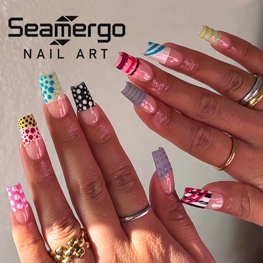 24PCS Y2K False Nails Square Multicolor French Polka Dot Striped Pattern Fake Nail Funky Style Reusable Press on Nails for Women
