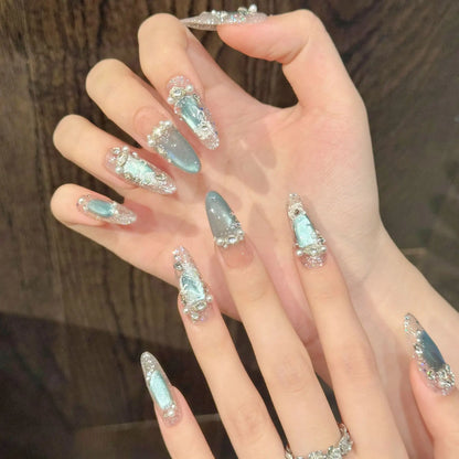 10pcs Handmade Press On Nails Ice Transparent Blue Crystal Cat's Eye False Nails Pearl Flash Sequins Rhinestone Decor Fake Nail