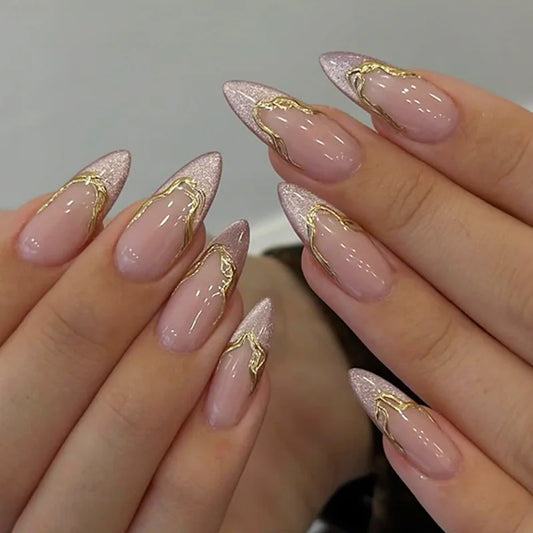 24pcs Detachable Long Almond Nails Sets Press on Cat's Eye French Fake Nails Tips Golden Smudge Design False Nail Art Manicure