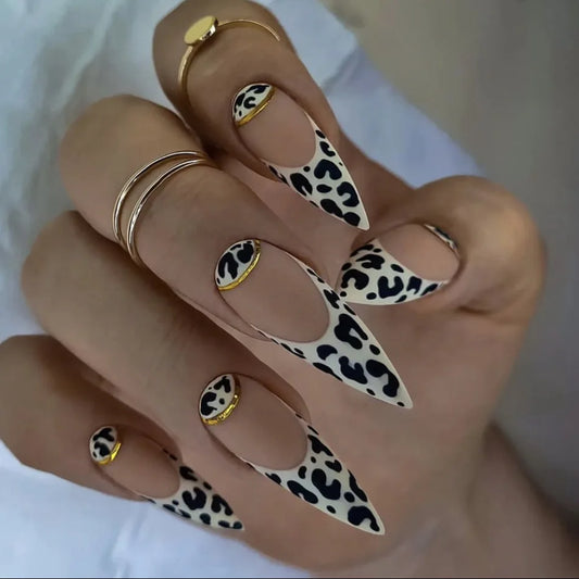 24pcs Long Almond Fake Nails Art Black Lines French Design False Nail Tips with Shiny Powder Star Press on Nails Sets Datachable