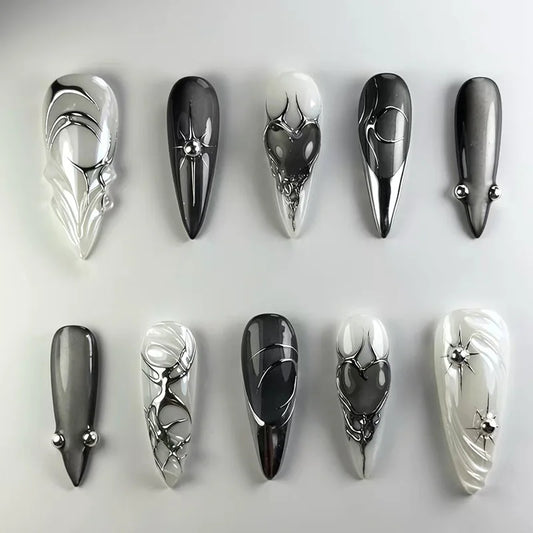 24pcs Black Stiletto Press on Nails Y2k Cat's Eye Design Manicure Pearl Starlight Long Almond False Nails Tip Wearable Fake Nail