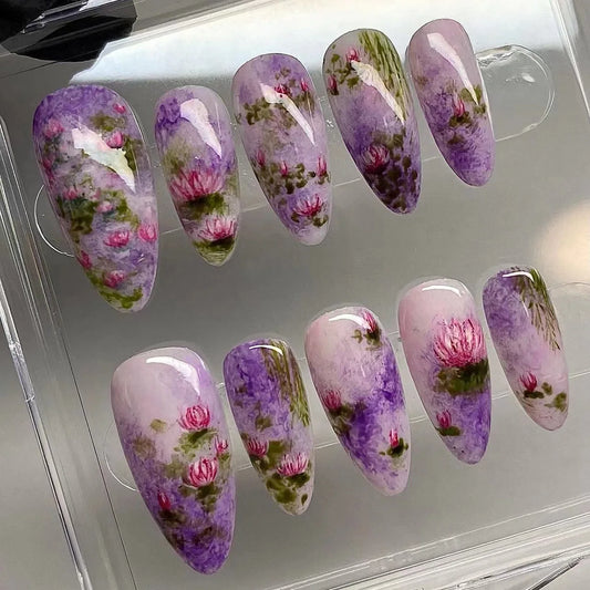 24pcs Summer Lotus Flower Fake Nails Purple Blush Almond False Nails for Women Wearable Full Cover Korean Sweet Press on Nails