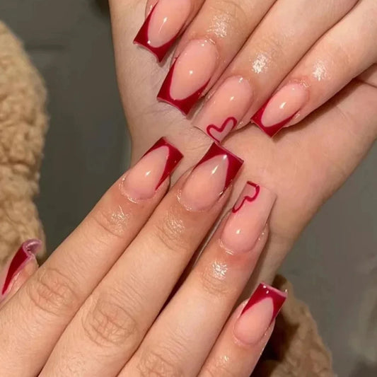 24 PCs Short Square French Heart Simple Nails with 1 Jelly Glue and 1 Nail File