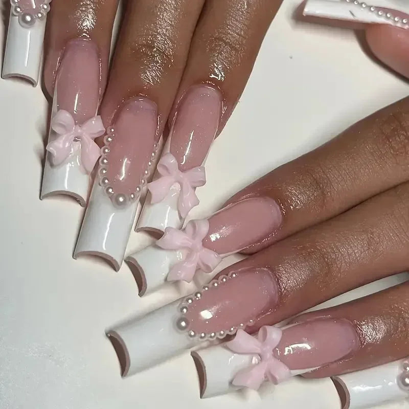 24Pcs Pink Long Ballet Coffin False Nails Butterfly Flower with French Design Wearable Fake Nails Glitter Press on Nail Tips Art