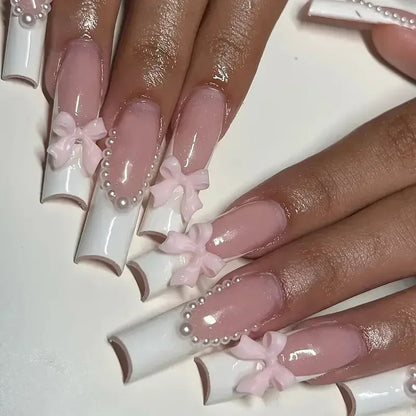 24Pcs Pink Long Ballet Coffin False Nails Butterfly Flower with French Design Wearable Fake Nails Glitter Press on Nail Tips Art