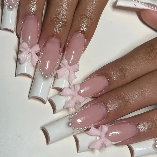 24Pcs Pink Long Ballet Coffin False Nails Butterfly Flower with French Design Wearable Fake Nails Glitter Press on Nail Tips Art