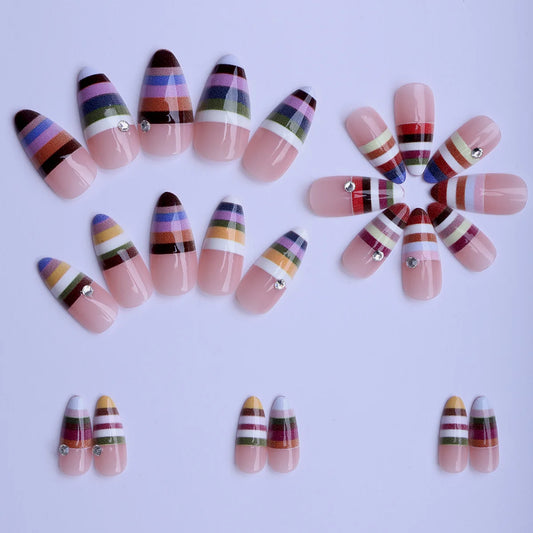 24pcs INS Colorful Strip Printed Press on Nails Sweet Cool Almond Fake Nails for Women Girls Manicure DIY Wearable False Nails