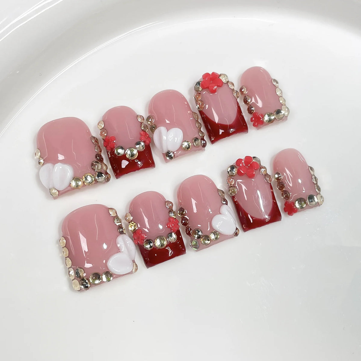 10pcs Yellow Leopard Print French Handmade Press on Nails Short Square False Nails 3D Flower Fake Nail Summer Wearable Nail Art
