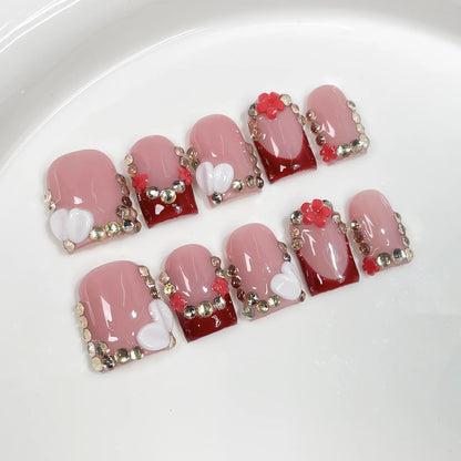10pcs Yellow Leopard Print French Handmade Press on Nails Short Square False Nails 3D Flower Fake Nail Summer Wearable Nail Art