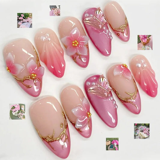 24Pcs Pink Gradient French False Nails 3D Flower Butterfly Pearl Press on Fake Nails Mid-length Almond Detachable Manicure Tips