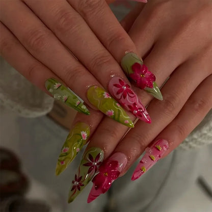 24PCS Stiletto Shape Fake Nails Artistic Color Block Floral Press on Nails Rainbow Dopamine Design European Luxury False Nails