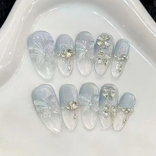 24Pcs Long Almond Press on Nails Rhinestone Shiny Powder Detachable Fake Nails Full Cover Brown Smudge French False Nails Tips