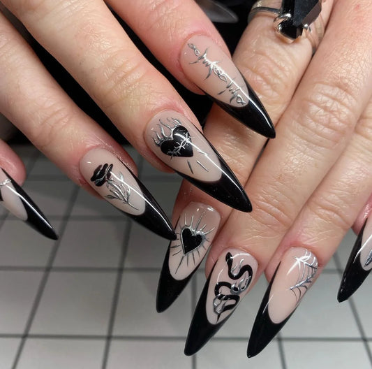 24pcs Y2K Fake Nails Black Long Pointed False Nail Patch Love Flower Printed Full Finished Wearable Press on Nail Tips for Women