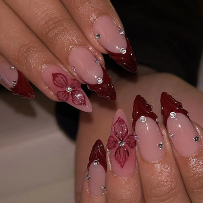 24Pcs French Short Almond Acrylic False Nails Full Cover Flower Pink Sweet Lovely Finished Nail Set Wearable Artificial Manicure