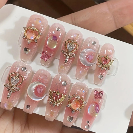 10PCS Handmade Press On Nails Japanese all-match pink ultra-glitter mid-step false nails