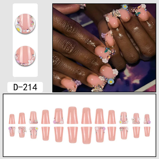 10pcs Cute Short Duckbill Fake Nails Flash Rhinestone Flower Butterfly Designs Press On Nails Light Pink Full Cover False Nail