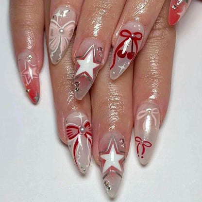 24pcs Sweet Letter Press On Nails Cute Cherry Bowknots Ladybug Strawberry Decor False Nails Blush Pink Almond Fake Nail For Girl