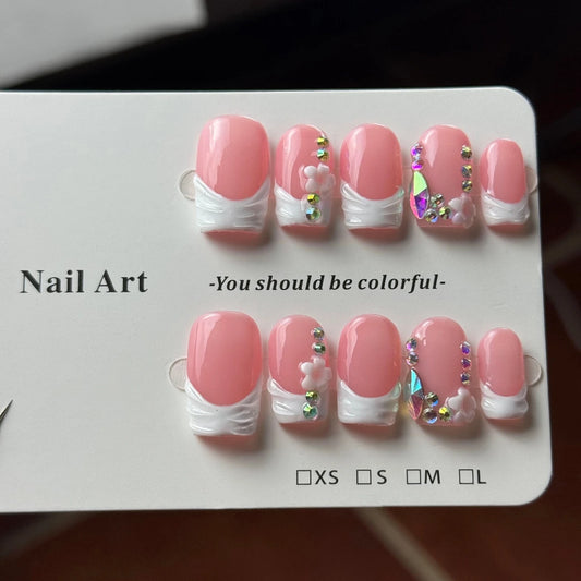 10pcs high-end Pink sweet and girlish style, hand-painted three-dimensional small flowers, sparkling small diamonds handmade