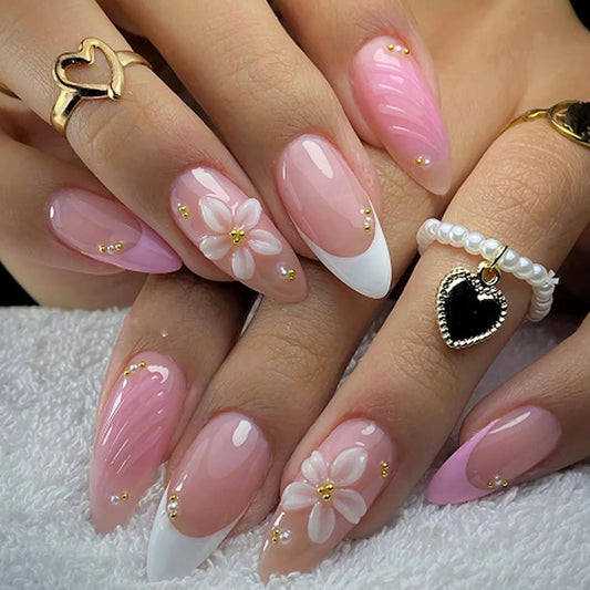 24Pcs Mid-length Almond Manicure Tips Full Cover 3D Flower French Design Fake Nails Pearl Wearable Finished Press on False Nails