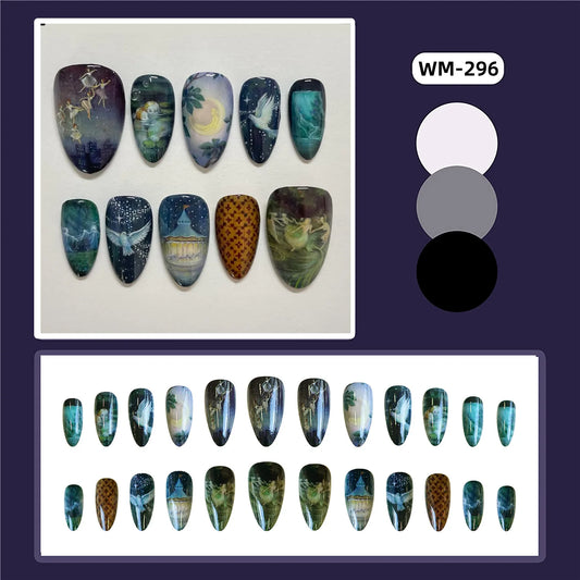 24pcs Charming Almond Press On Nails Moonlight Dance Series Smudging False Nails Spicy Girl Wearable Ballet Fake Nail For Women