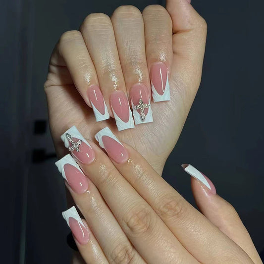 24Pcs Y2K Style 3D Gel Makes Square French Tip Press On Nails With 3D Alloy Rhinestone Design Fake Nail Set,Contain 1Pc Jelly Gl