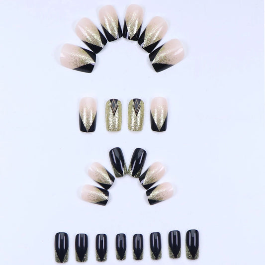 24PCS Square Medium Length Black Full Coverage Fake Nails With Gold Glitter Design French Nail Decoration For Women And Girls