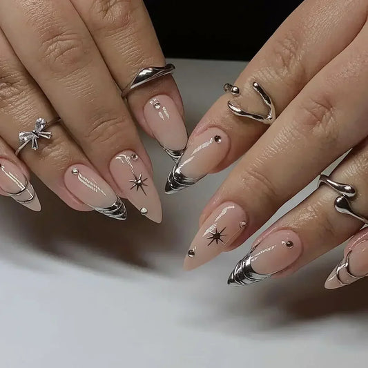 24Pcs Y2k Almond Acrylic Nails Full Cover 3D Diamond Black Nail Art Sweet Cool French Wearable Fake Nail Manicure Tips for Girls