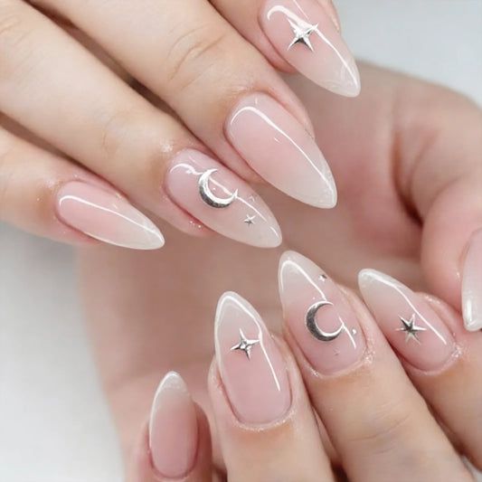 24pcs 3D Star Moon Fake Nails Almond Shape French Fake Nails for Women Party Wedding Wearable Fashion Press on Nails
