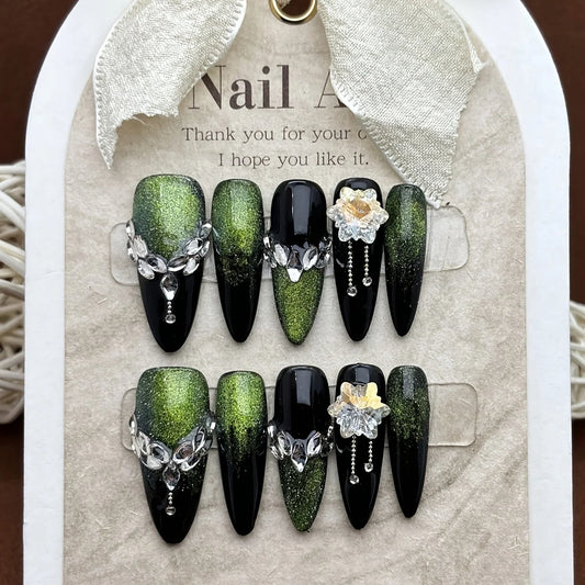 10pcs high-end Autumn and winter long dark green cat eye broken drill burst flash handmade fake nails, Green cat eye with white