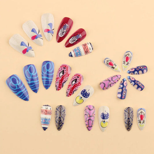 24PCS Almond Colorful Fake Nails with Hand Painted Fruit Floral Print Press on Nails Retro Bohemian Style Reusable False Nails