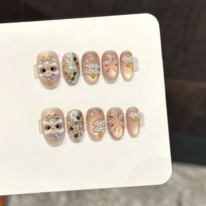 10pcs Chinese Style New Year Fake Nails Champagne Short Oval Handmade False Nails With Awaken Lion Pearl Sequins Press On Nail