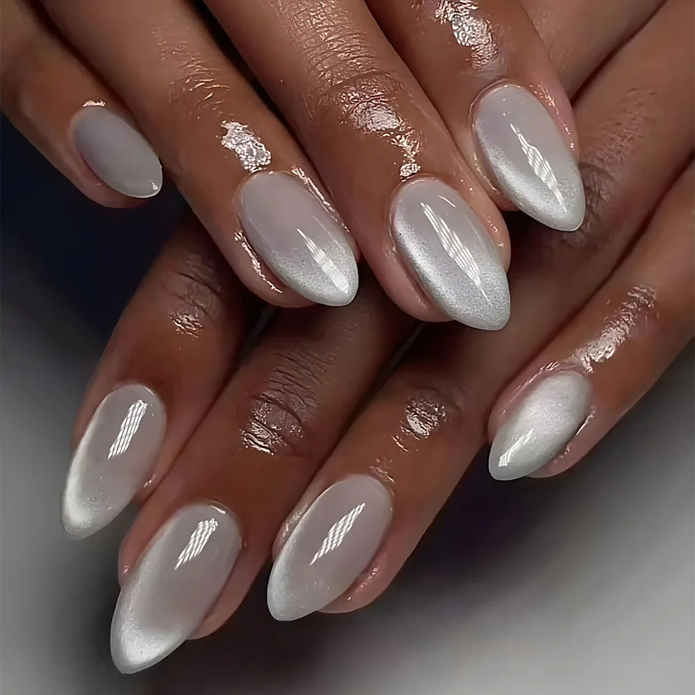 24pcs Aurora Nude Pink Press on Nails Almond Acrylic Simple Fake Nails with Gradient Design Nail Chrome Solid Color False Nails