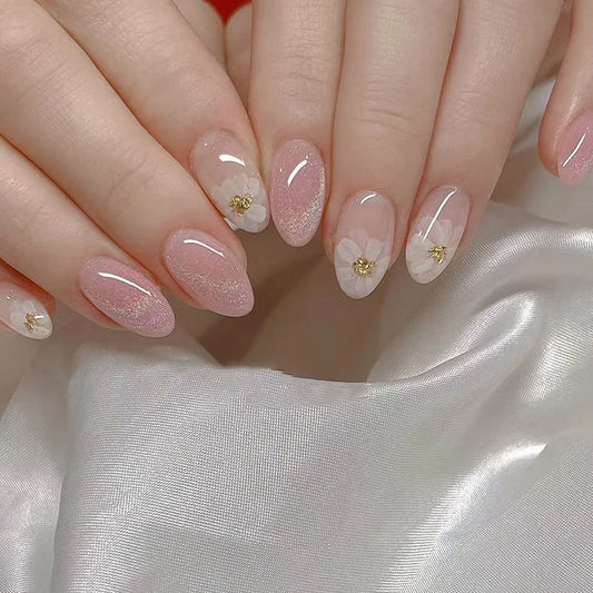 24pcs Nude Pink False Nails Short Almond Press on Nails Tips with Bow Rhinestone Design Fake Nail Reusable Oval Full Cover Nail