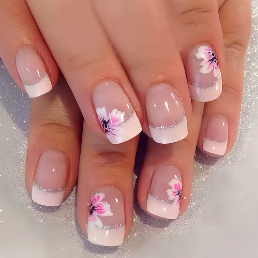 24Pcs Black French Tip Fake Nails Pink Flower Printed Simple DIY Manicure Mid-length Coffin Press On Nails Reusable Nails Art