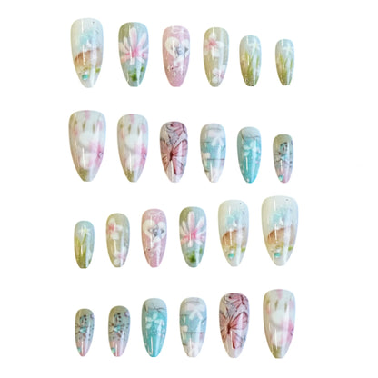 24pcs Little Fresh Butterfly Flower Press On Nail Spring Summer Gradient Pink Green Almond False Nail Ins Forest Style Fake Nail