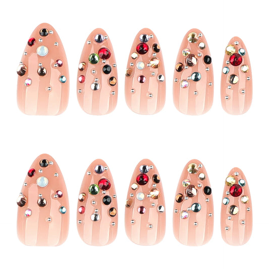 24pcs Almond Fake Nails with 3D Colorful Diamond Design False Nails Wearable Detachable INS Simple Press on Nails for Girls