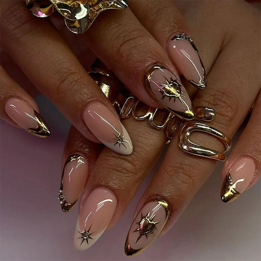 24pcs Almond False Nail Round Head Long Nails Sets Press on With Starlight Rhinestone Design Nails Tips French Golden Fake Nail