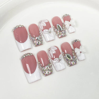 10pcs Luxury Gold Press on Nails 3D Flower False Nails Pearl French Manicure Handmade Fake Nail Tips Square Medium Nail Stickers