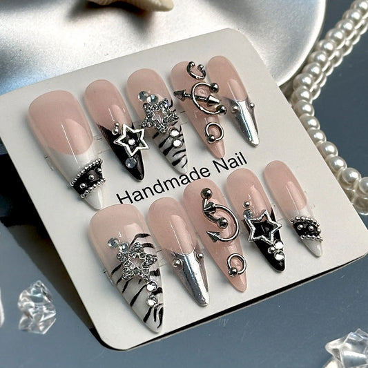 24Pcs Y2K Fake Nails Metallic Punk Style False Nails 3D Hand-made Rhinestone Fake Nails Wearable Spicy Girls Press on Nails