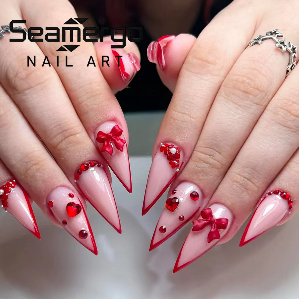 24PCS Red Bow Red False Nails Love Gemstones Stiletto Press on Nails Valentines Day French Tip Design High End Daimond Manicure