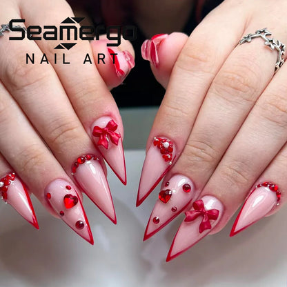 24PCS Red Bow Red False Nails Love Gemstones Stiletto Press on Nails Valentines Day French Tip Design High End Daimond Manicure