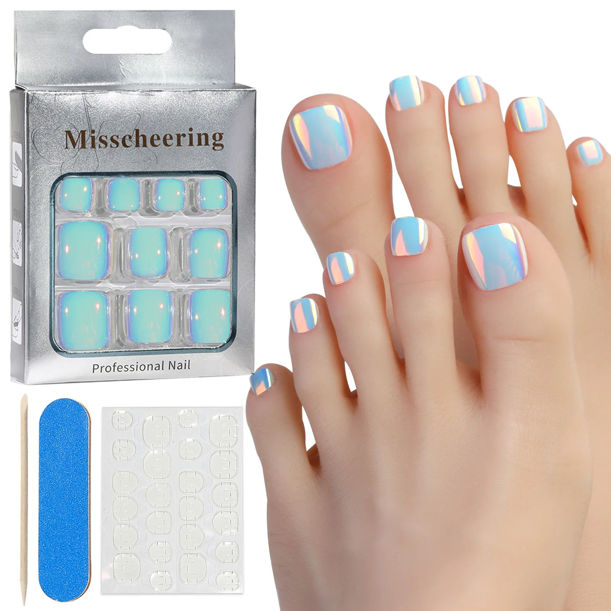 24pcs Glitter Fake Toenails With Glue French Line Glitter False Toe Nails Art Detachable Press On Toenails Acrylic Nails Tips