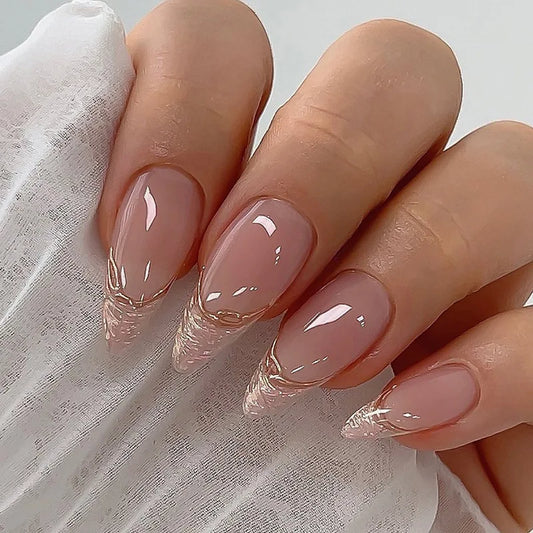 24pcs Stiletto Press on Nails Glitter French Long Almond Fake Nails Simple Golden Lines Design False Nail Wearable Manicure Sets