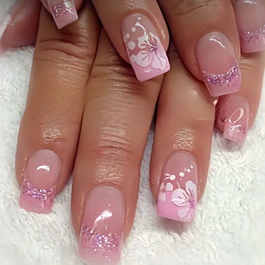 24pcs Flower Press on Nails Art Reusable White Leopard Print French Square Head False Nails Art Mid-length Ballet Fake Nail Tips