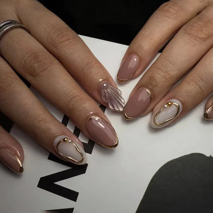24pcs Round Head Almond Fake Nails White French False Nail Flower Stick on Nail Tip with Golden Design Short Press on Nails Sets