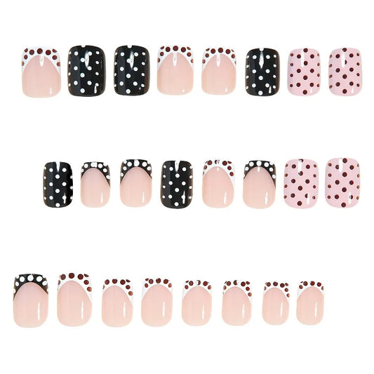 24PCS Short Square Fake Nails Polka Dot French Design Press on Nails Sweet Gentle Glossy False Nails Fashion Elegant Nail Art