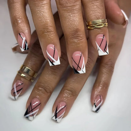 24pcs Press on Nails Short Almond Bowknot Black Press on Nails White Pearl Sweet French Tip Press on Nails Cute Nail Artificial
