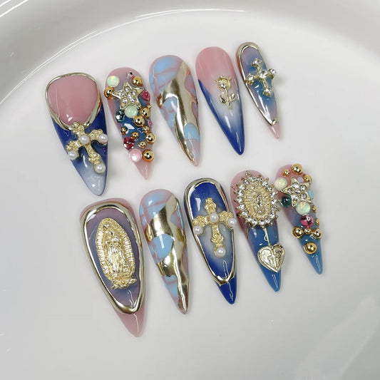 10Pcs Long Stiletto Spice Girl Fake Nails Full Cover Retro Maximalism Nails Tips Pink Blue Gradient Almond Nail Set Light Luxury